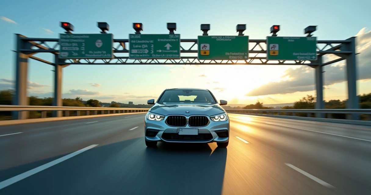 Carro passando por pedágio free flow com tag eletrônica no para-brisa