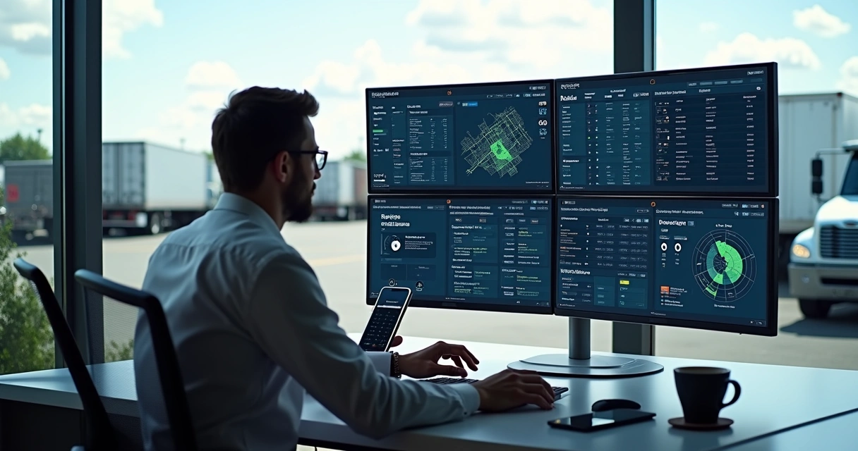 Gestor de frotas acompanhandor monitoramento em tempo real no computador com mapas e dados de veículos