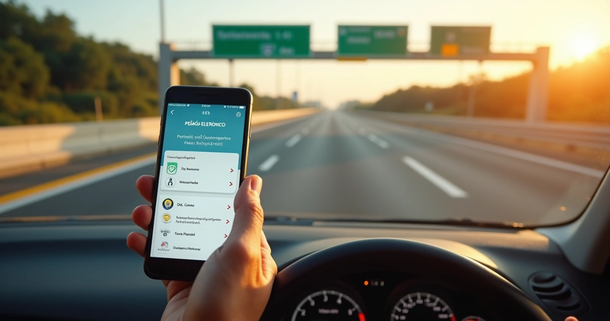 Motorista em rodovia consultando no celular as rodovias parceiras do Pedágio Eletrônico