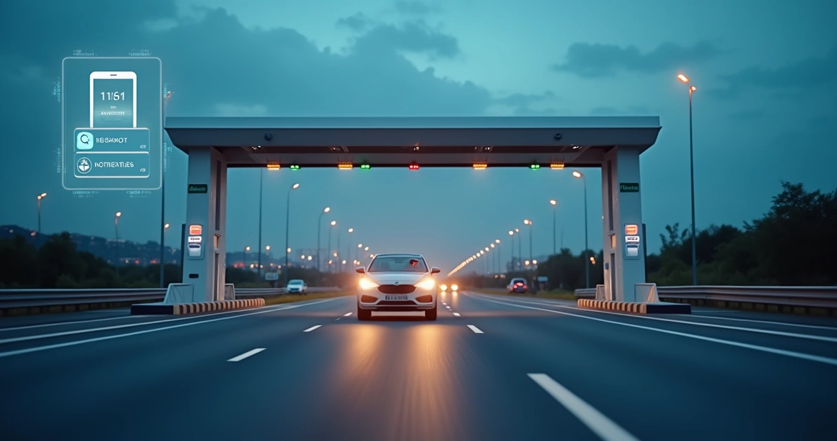 Pedágio eletrônico em sistema free flow com carro passando por pórtico automatizado à noite