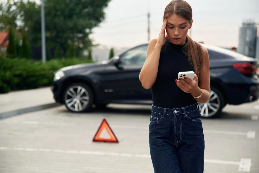 mulher preocupada com multas de trânsito usando celular perto de carro preto estacionado com triângulo de emergência no chão